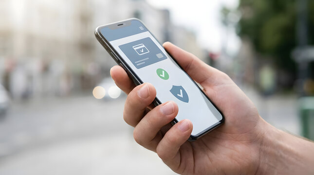 Close-up shot of a hand holding a smartphone displaying security and identity verification features on its screen