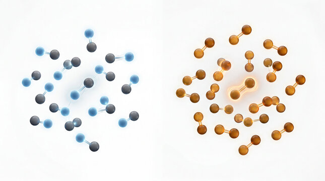 Glimmering spheres in dual states, a scientific ballet of atomic bonds showcasing contrasting molecular energies