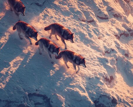 Aerial view of a pack of wolves running through snowy wilderness landscape freely.