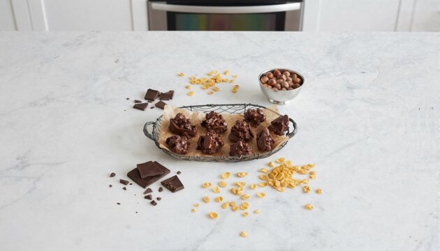 Gourmet dark chocolate nut clusters on marble