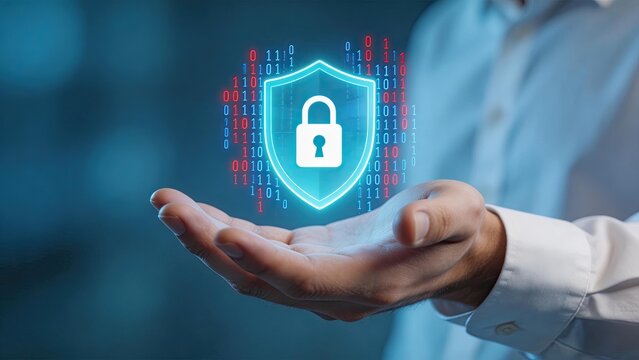 Cybersecurity protection concept digital shield with binary code and lock icon in hand data privacy network security encryption technology business safety futuristic interface