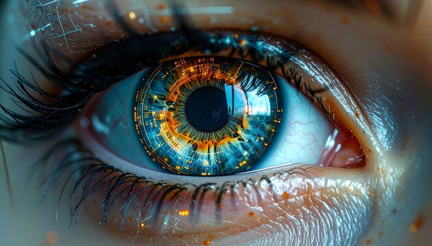 Close-up of a human eye with a complex, glowing, high-tech iris in blue and orange