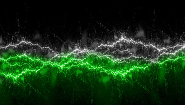 Abstract green and white glowing energy wave on black background