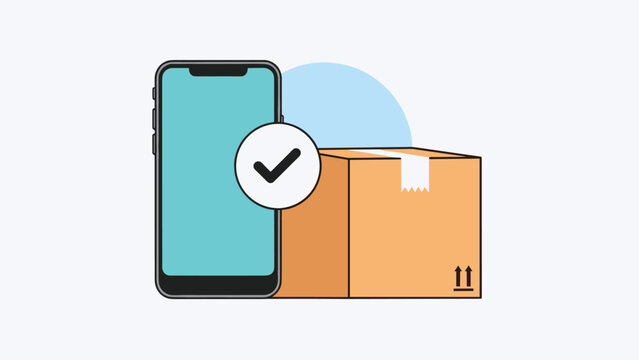 delivery confirmation concept showing a smartphone with a checkmark next to a shipping box on a light grey background.