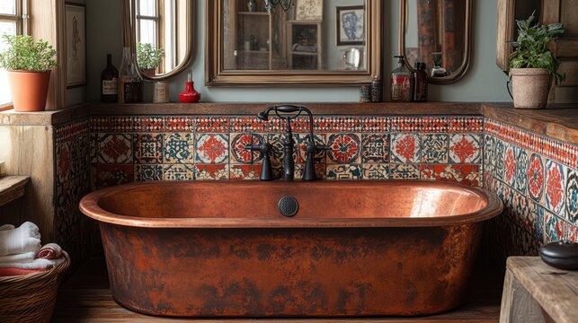Copper bathtub in a rustic bathroom with patterned tiles.  A tranquil and luxurious space.