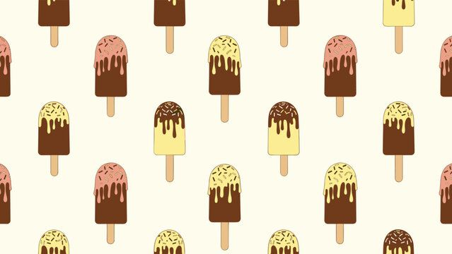 seamless popsicle pattern with chocolate and vanilla ice cream treats and sprinkles on a warm cream background design.