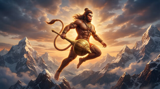 Lord Hanuman digital illustration holding golden gada for strength symbolism and devotional religious art usage with mountain backdrop background wallpaper