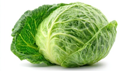 Fototapeta premium Fresh green cabbage head with leafy texture isolated on white