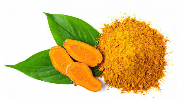 Sliced turmeric root with green leaves and powder on white