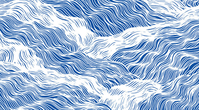 Hand drawn Japanese inspired abstract waterfall background. Vintage woodcut style featuring dynamic blue and white brush lines and flowing water textures. Artisan nature illustration.