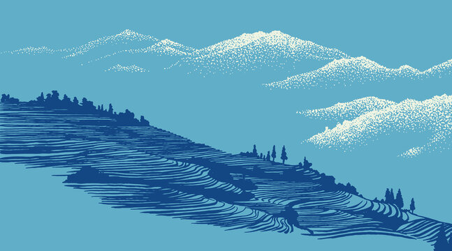 Hand drawn Japanese inspired landscape of terraced rice fields and misty mountains. Vintage woodcut style in shades of blue and white. Serene artisan farmland background illustration.