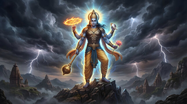 Lord Vishnu digital illustration holding chakra shankha gada lotus for devotional worship and spiritual symbolism with cosmic storm background wallpaper