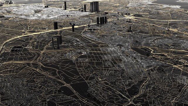Wireframe view of Istanbul with street network in grayscale, black roads and buildings covered by white wireframe lines, dark shadows between structures forming a high contrast city map from above.