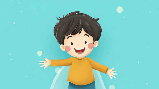 Happy cartoon boy with open arms on teal background.