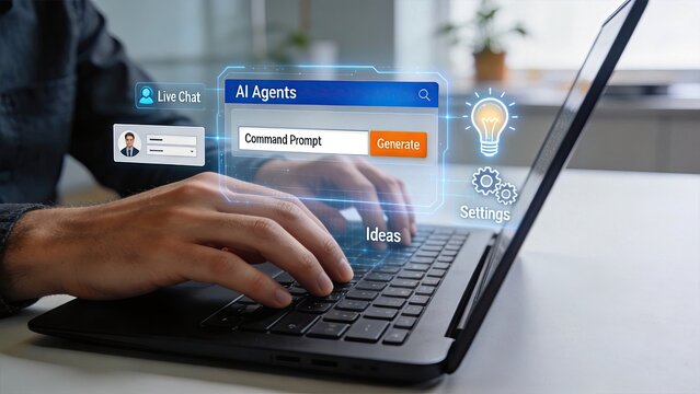 Man typing on laptop with futuristic AI agent interface overlay showing command prompt generate button live chat settings and light bulb for ideas in modern office workspace
