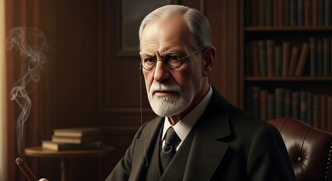 Iconic Portrait of Sigmund Freud, Father of Psychoanalysis, in a Study with Smoking Cigar.