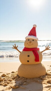 This is a creative and festive beach decoration featuring a sandman wearing a Santa hat, scarf, and gloves. The sand sculpture captures the spirit of Christmas at the beach.