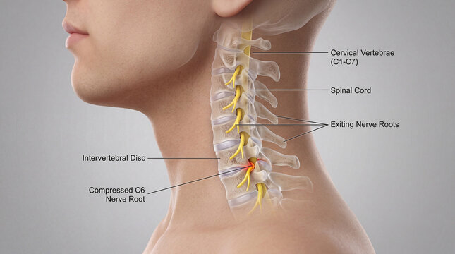 Detailed human neck anatomy showcasing cervical vertebrae and a precise illustration of a painfully compressed C6 nerve root