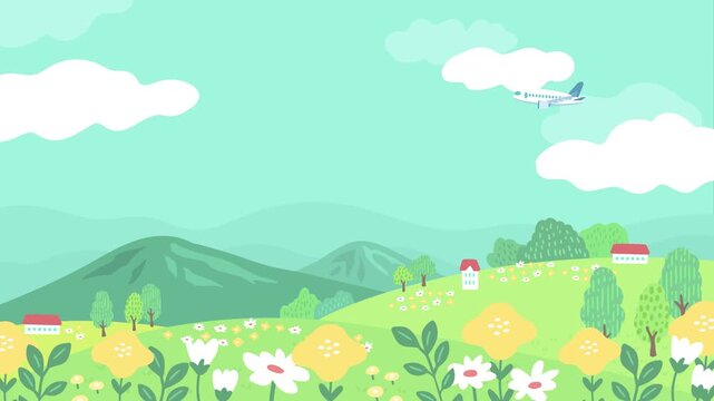 花畑の草原と山並みの上を飛行機がゆっくり飛ぶ、雲がふわふわ漂う可愛い風景アニメーション動画