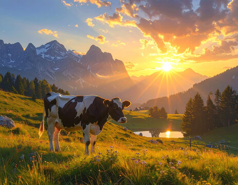 Cow in mountain meadow at sunset