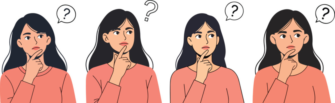 Thinking woman, puzzled faces, confused expressions, question marks, cartoon characters