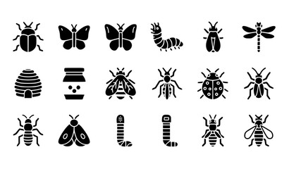 Filled insect icons set with beetle butterfly bee and bug silhouettes editable vector isolated on white © Lipon