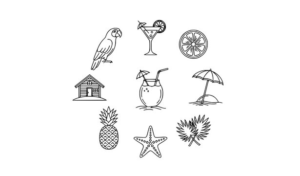 Modern tropical icons collection with parrot coconut drink and beach elements outline vector isolated on white