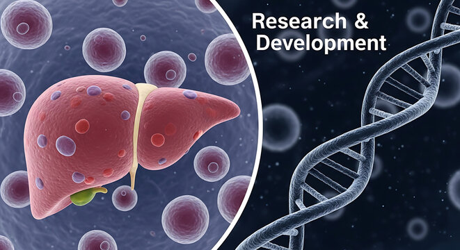 Liver organ with dna double helix research development medical concept with cells