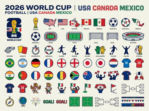 Collection of 2026 World Cup icons featuring host countries, stadiums, equipment, players, and fan elements.