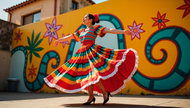 Folklorico dancer spinning amidst vibrant mural, cultural celebration