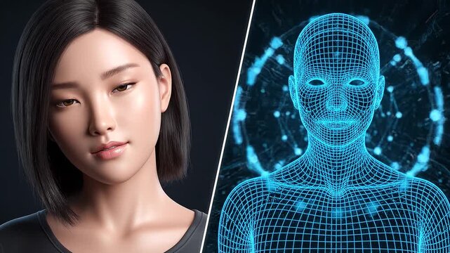 Futuristic digital representation of an Asian woman superimposed with a glowing blue wireframe face and network connections