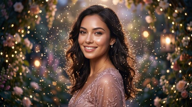 Portrait of a beautiful woman surrounded by sparkling light, radiant skin and elegant glow, dreamy beauty atmosphere, soft flattering illumination, photorealistic, ultra-detailed,no logos