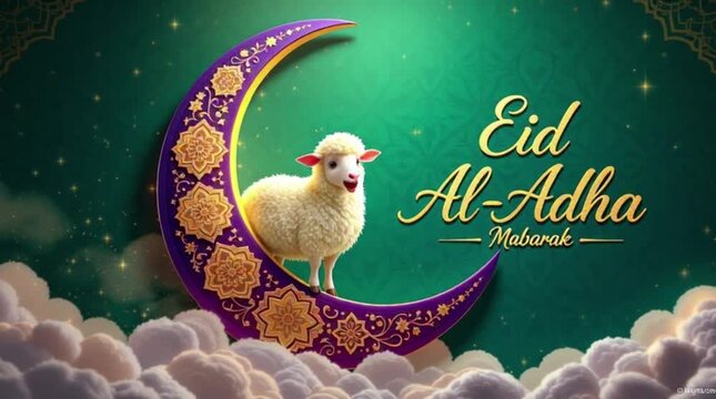 Vibrant Eid Al-Adha Celebration Illustration with a Sacrificial Sheep on a Golden Crescent Moon, Symbolizing Blessings and Festivity