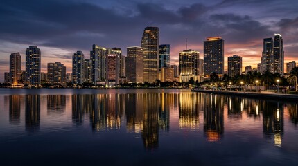 Obraz premium Miami Brickell just after sunset, illuminated skyline mirrored by calm water and glowing windows, moody urban dusk atmosphere, photorealistic architecture photography, high contrast and rich color