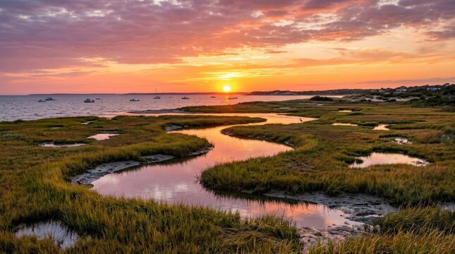 Salt marsh shoreline along Cape Cod Bay at sunset in Eastham, Massachusetts, reflective tidal water winding through coastal grasses, warm evening color and peaceful atmosphere, photorealistic marsh