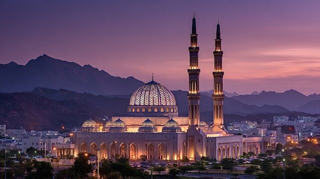 Al sahaba mosque with its intricate dome and two towering minarets standing illuminated against a vibrant purple and orange sunset sky, surrounded by a city and distant mountains