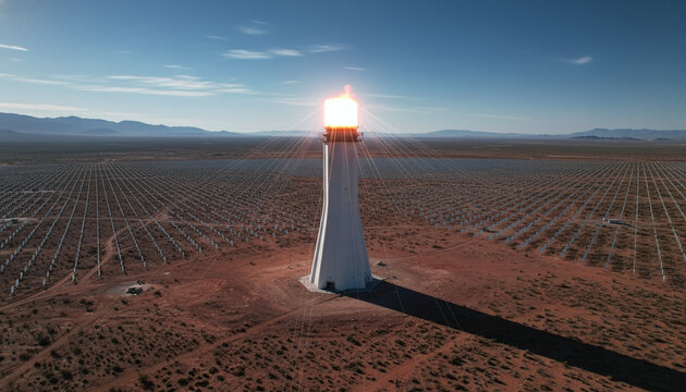 Concentrated Solar Power CSP tower receiver glowing hot with molten salt