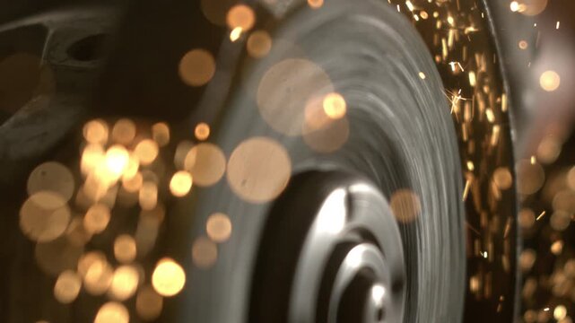 A machine grinds metal in a workshop. Sparks fly as the tool spins. Workers focus on the task while the sound of grinding fills the air. Tools lay nearby and the environment is busy.