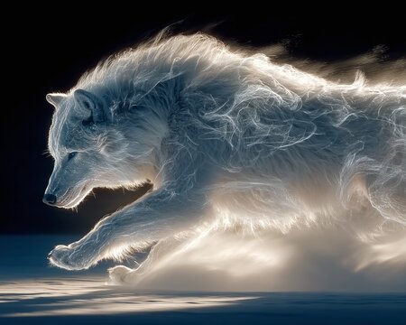A wolf runs swiftly across a dark landscape with glowing fur and smoke effects.