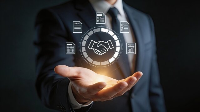 Businessman hand presenting digital hologram icons of handshake contract and finance data for corporate partnership investment and strategic planning concepts