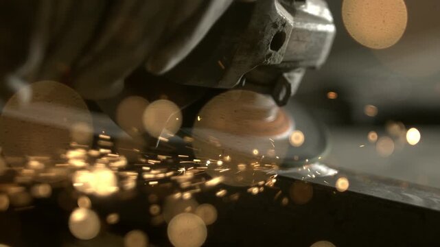 A person grinds metal in a workshop. Sparks fly as the tool contacts the surface. The setting has tools and materials around, typical of a work environment.