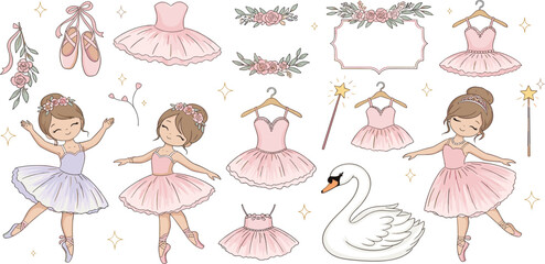 Cute Ballet Dancer Collection with Ballerina Girls, Tutu Dresses, Swan, Ballet Shoes and Floral Elements for Children Illustrations, Dance Designs, and Whimsical Templates © Nazrul