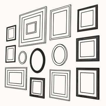 Gallery Wall Mockup with Blank Picture Frames in Various Sizes and Shapes, Minimalist Black and White Line Art Illustration