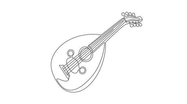 Simple line art illustration of a traditional oud stringed instrument, showcasing its unique form and cultural significance as a musical icon, perfect for design projects and educational materials