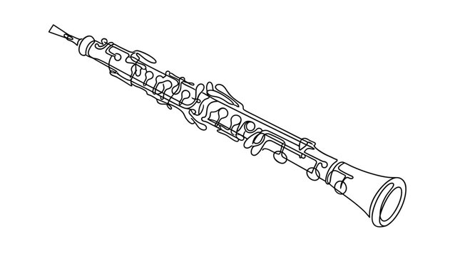 Black and white line drawing of a musical oboe, a sophisticated woodwind instrument essential for classical compositions and concert performances, showcasing its intricate details and elegant form