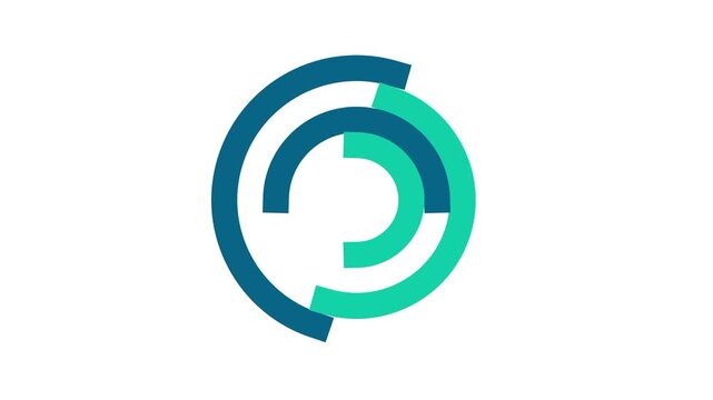 A series of overlapping teal and dark blue circular arcs form a dynamic and tech focused emblem that suggests connectivity and continuous motion