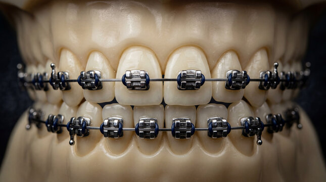 Orthodontic Braces Metal Wire Teeth Model Close Up Studio Dark