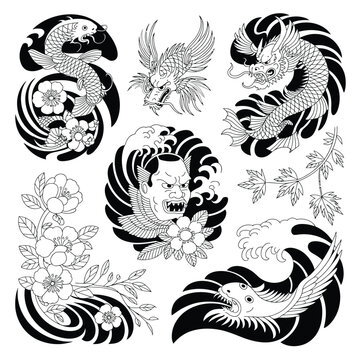 Japanese Irezumi Tattoo Flash Collection with Koi Fish Dragons Oni Mask Waves and Cherry Blossoms Black and White Vector Illustration