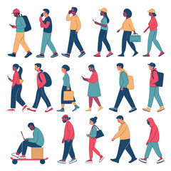 Obraz premium Diverse people walking in various poses with mobile phones and laptops, representing urban lifestyle and digital connectivity, city life, mobile phone, flat design, everyday life, multi ethnic