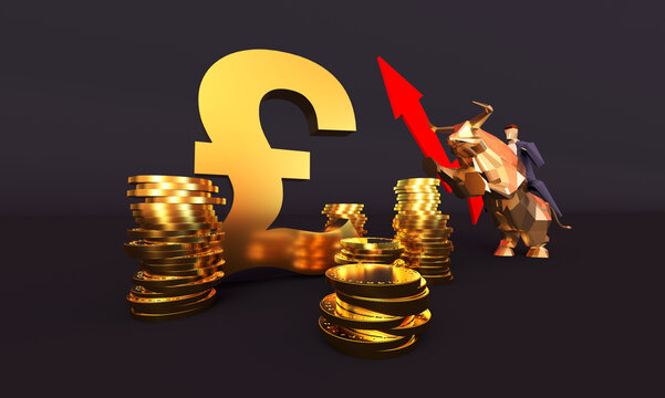 Financial economy, stock market bull market, economic development and currency symbols pound